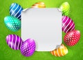 Happy Easter Vector Typography background with place for your text message with colored eggs on green seamless. White