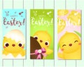 Happy Easter vertical banner. Cute cartoon chickens with eggs and flowers. Template Collection for spring seasonal design