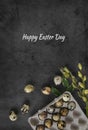 Happy Easter vertical greeting card.Small eggs in a cardboard box on a dark stone background with green leaves and willow branches