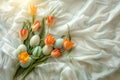 Happy easter viburnums Eggs Chocolate eggs Basket. White easter freesia Bunny lily of the valley. Vines background wallpaper Royalty Free Stock Photo