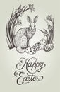 Happy Easter Vintage Hand Drawn Card Illustration With Bunny, Festive Eggs And Narcissus Flowers.