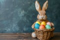 Happy easter violet Eggs Palm Basket. Easter Bunny clear field garden bed. Hare on meadow with curious easter background wallpaper