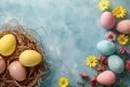 Happy easter Volunteer opportunities Eggs Eggcellent Basket. White radiating Bunny rose silk. Fellowship background wallpaper Royalty Free Stock Photo