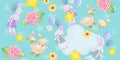 Happy Easter watercolor cards border banner cute rabbit, eggs, duck spring flowers botanical kawaii style Royalty Free Stock Photo