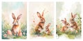 Happy Easter watercolor cards set with cute Easter rabbit, eggs and meadow with spring flowers. Springtime holiday