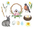 Happy Easter watercolor collection. Bunny, robin bird, nest, colored eggs, flowers, decorative wreath, isolated on white