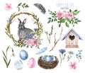 Watercolor Easter design elements. Hand painted bunny, willow twigs wreath, pussy willow branches, wild flowers, eggs, birdhouse