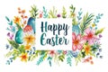 Happy Easter Watercolor Illustration with Eggs and Spring Florals