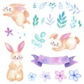 Happy Easter watercolor set of elements, colorful eggs, bunny, rabbit, flowers and twigs, purple ribbon banner, greetings card, is Royalty Free Stock Photo