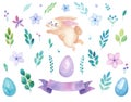 Happy Easter watercolor set of elements, colorful eggs, bunny, rabbit, flowers and twigs, purple ribbon banner, greetings card, is Royalty Free Stock Photo