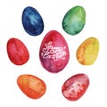 Happy Easter. Watercolor set of hand drawn colored Easter eggs isolated on white background. For greetings card design Royalty Free Stock Photo