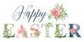 Happy Easter watercolor word design with floral bouquets and crown. Hand drawn lettering, typography inscription. Inspiring label