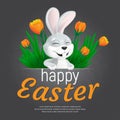 Happy Easter web banner or poster template. Vector square postcard illustration with cute smiling bunny and tulips on seamless