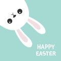 Happy Easter. White bunny hanging upside down. Rabbit looking from the corner. Picaboo. Flat design. Funny head face. Cute kawaii