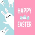 Happy Easter. White bunny rabbit family holding big signboard. Cute cartoon funny animal set hiding behind paper. Lettering text. Royalty Free Stock Photo