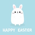 Happy Easter. White bunny rabbit. Funny face head body. Cute kawaii cartoon character. Baby greeting card. Blue background. Flat d Royalty Free Stock Photo