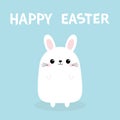 Happy Easter. White bunny rabbit. Funny head face. Cute kawaii cartoon character. Baby greeting card. Blue background. Flat design Royalty Free Stock Photo