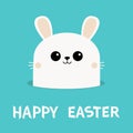 Happy Easter. White bunny rabbit hare hiding in ground hole. Funny smiling face head. Pink cheeks. Cute kawaii cartoon baby