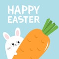 Happy Easter White bunny rabbit holding big carrot. Funny head face, eyes, ears. Cute kawaii cartoon character. Baby greeting card Royalty Free Stock Photo