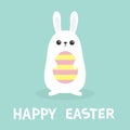 Happy Easter. White bunny rabbit holding painted pattern egg. Funny head face. Big ears. Cute kawaii cartoon character. Baby greet Royalty Free Stock Photo