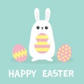 Happy Easter. White bunny rabbit Painted pattern egg set. Flat design. Funny head face. Big ears. Cute kawaii cartoon character. B Royalty Free Stock Photo