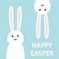 Happy Easter. White bunny rabbit set. Funny head face silhouette hanging upside down. Eyes, teeth, big long ears. Cute cartoon cha