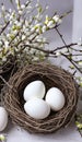 Happy easter. White eggs in nest and willow branch Royalty Free Stock Photo