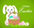 Happy Easter white rabbit and basket with Easter eggs. Royalty Free Stock Photo