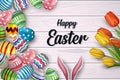 happy easter day on white wood background with pattern eggs vector