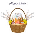 Happy Easter. Wicker basket with Easter cake and colorful Easter eggs with different pattern, pussy-willow and yellow Royalty Free Stock Photo