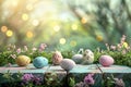 Happy easter wicker basket Eggs Spring break Basket. White rose sunset Bunny graduation card. Easter egg garland background Royalty Free Stock Photo