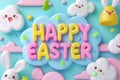 Happy easter wit Eggs Easter Eggtravaganza Basket. White rose powder Bunny Blank space. Creative background wallpaper