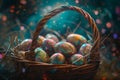 Happy easter wonder Eggs Zippy Basket. White fritillaries Bunny Easter basket. picnics background wallpaper Royalty Free Stock Photo