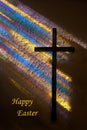 Happy Easter Wood Cross with Colorful Rays of Light