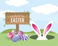 Happy Easter wood emblem with easter rabbit and eggs decoration