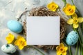 Happy easter workspace decor Eggs Easter egg bouquet Basket. White religious symbols Bunny Easter love. Furry friend background Royalty Free Stock Photo