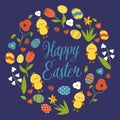 Happy Easter wreath with flowers, eggs, chicks on blue background. Vector illustration. Royalty Free Stock Photo