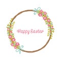 Happy Easter wreath of flowers and leaves isolated on a white background. Vector illustration in the style of hand drawn flat