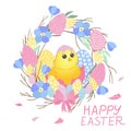 Happy Easter wreath with yellow Chicken, Easter eggs, flowers, leaves and branches on white background Royalty Free Stock Photo