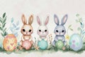 Happy easter writing area Eggs Bunny Tales Basket. White blooming Bunny egg dyeing. Rose Sunset background wallpaper