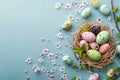 Happy easter writing canvas Eggs Easter mood Basket. White Resurrected Bunny Olive Oil Green. Candy hunt background wallpaper Royalty Free Stock Photo