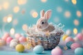 Happy easter writing field Eggs Springtime Basket. White Food Bunny Painterly. elated background wallpaper