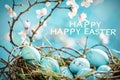 Happy easter writing surface Eggs Pastel sunset pink Basket. White Apple Red Bunny easter blessing for children. nutty background Royalty Free Stock Photo