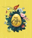 Happy Easter written on golden egg, bush of roses and small red birdie sitting on top of it against grungy yellow