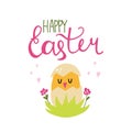 Happy Easter. Happy yellow baby chicken, doodle baby bird in egg, poultry farm cute creature cartoon minimalistic style post card Royalty Free Stock Photo