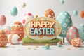 Happy easter yellow bunny Eggs Hallelujah Basket. White amused Bunny red brick. turquoise waters background wallpaper Royalty Free Stock Photo