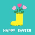 Happy Easter. Yellow rubber boot with pink tulip flower bouquet set. Cute cartoon spring tulips flowers. Decoration element. Royalty Free Stock Photo