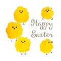 Happy Easter yellow watercolor chicks, lettering, postcard, congratulations, illustration on a white background.