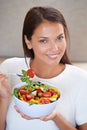 Happy, eating and portrait of woman with salad for organic, wellness and healthy diet lunch. Food, vegetables and young Royalty Free Stock Photo