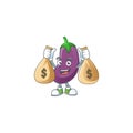 Happy eggplant cartoon character with two money bags